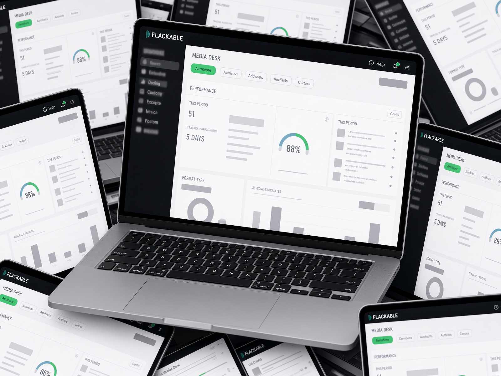 Illustration of a Flackable App media tracking dashboard on a laptop and tablets